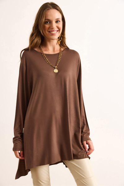 Olalook Women's Brown Slit Draped Long Knitted Viscose Blouse Blz-19003089