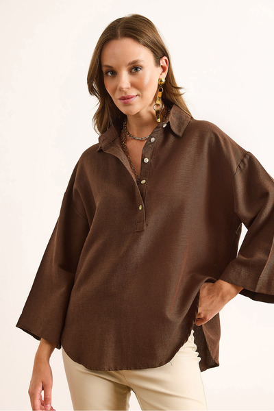 Olalook Kadın Kahverengi Gömlek Yaka Düğmeli Dökümlü Viskon Bluz BLZ-19003088