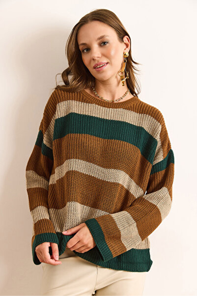 Olalook Γυναικείο πλεκτό πουλόβερ με λαιμόκοψη σελανικό ριγέ πλεκτό πουλόβερ KZK-19000976