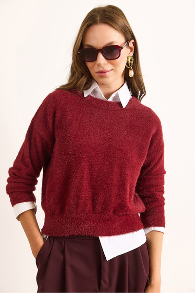 Olalook Women's Burgundy Crew Neck Beard Knitwear Sweater Kzk-19000977