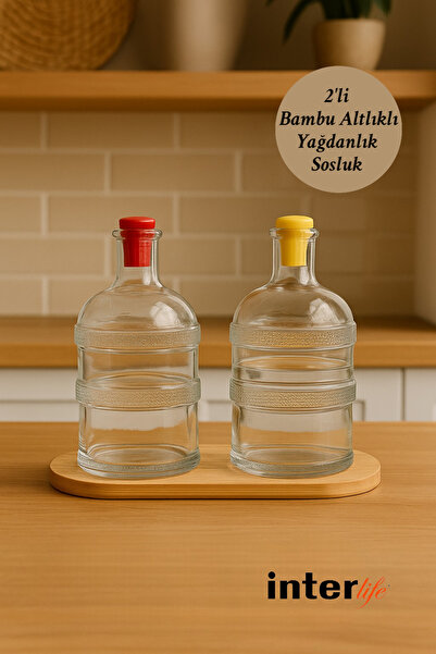 İnterlife Set of 2 Elegant Style Carboy Model Oil Sauce Bowls with Bamboo Bas...