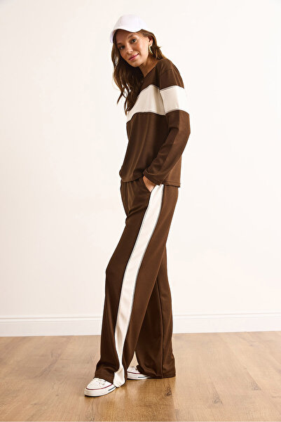 Olalook Women's Brown Modal Color Block Tracksuit Set Etkm-0000084