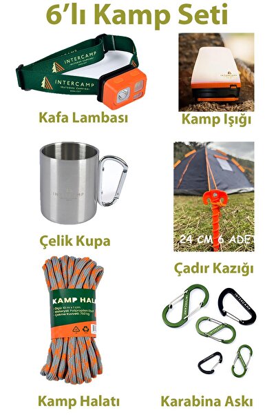 intercamp 6’lı KAMP SETİ-Kafa Lambası, Çadır Işığı, Çelik Kupa, Çadır Kazığı, Kamp Halatı, Karabina Askıları