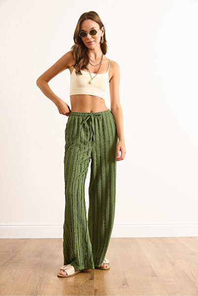 Olalook Kadın Haki Dokulu Beli Lastikli Cepli Dökümlü Pantolon PNT-19000333