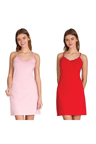Gold Night Μονόχρωμο Ροζ Κόκκινο Δαντελένιο Νυχτικό με Κορδόνια και Λικράλ Βα...