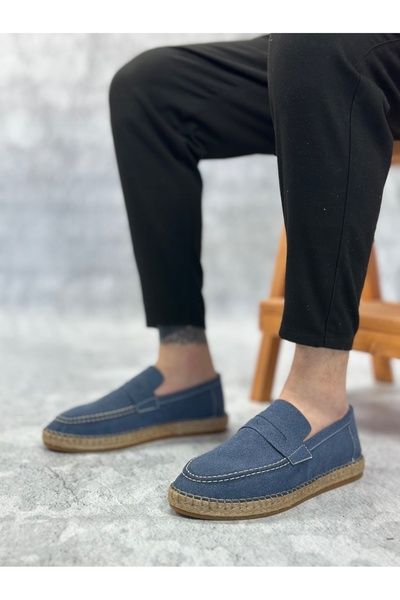 BOA Ba0359 Natural Leather Powder Laceless Rubber Handmade Espadrille Sole Blue Color Men's Shoes