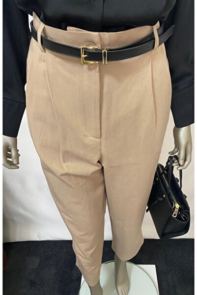 owwon Жіночі брюки з високою талією, з плісированим переднім краєм, коричневого кольору