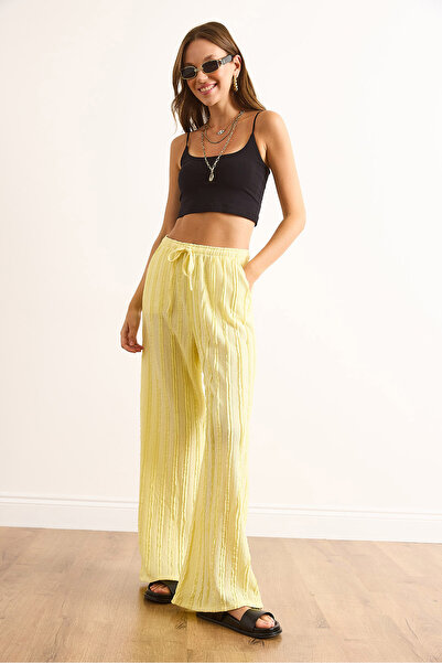 Olalook Women's Yellow Textured Elastic Waist Draped Trousers with Pockets Pnt-19000333