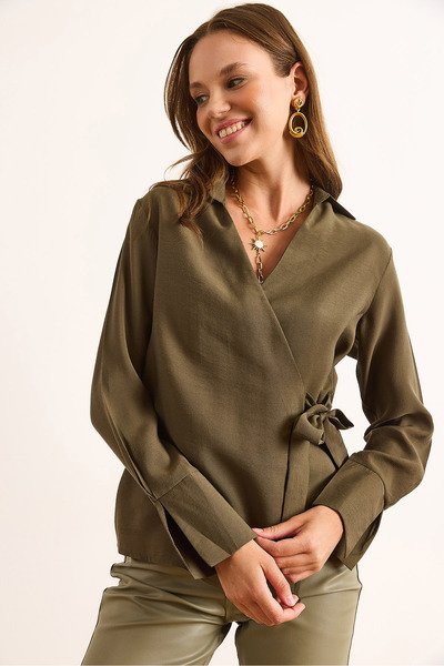 Olalook Kadın Haki Gömlek Detaylı Yanı Bağlamalı Dokuma Modal Bluz BLZ-19003092