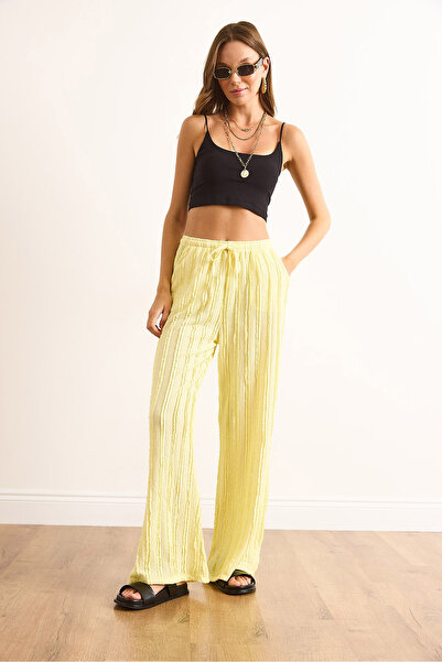 Olalook Women's Yellow Textured Elastic Waist Draped Trousers with Pockets Pnt-19000333