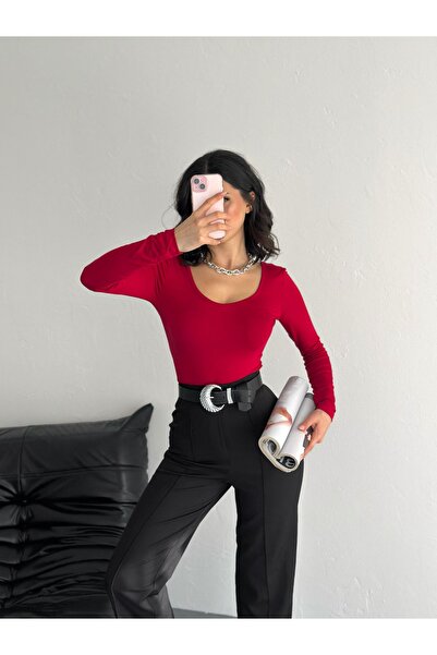 ladyzey Women's Burgundy U-Neck Long Sleeve Blouse