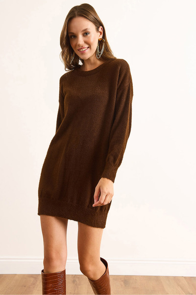 Olalook Women's Brown Stand Collar Soft Textured Beard Knitwear Tunic Dress Elb-19002325
