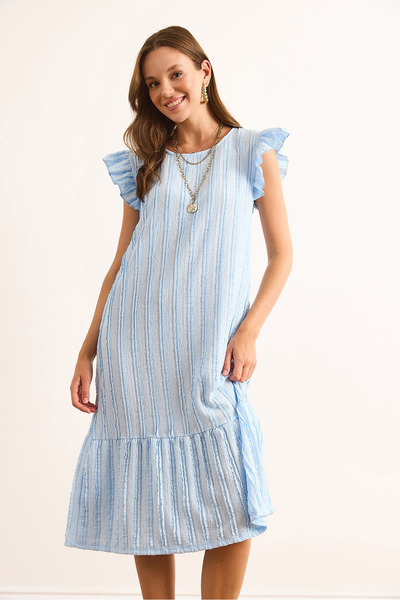 Olalook Γυναικεία Baby Blue Φούστα με βολάν με υφή Midi φόρεμα ELB-19002364