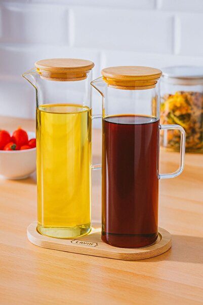 Funny Life Set of 2 Glass Oil Pots/Vinegar Cruets with Bamboo Base 400Ml-400Ml