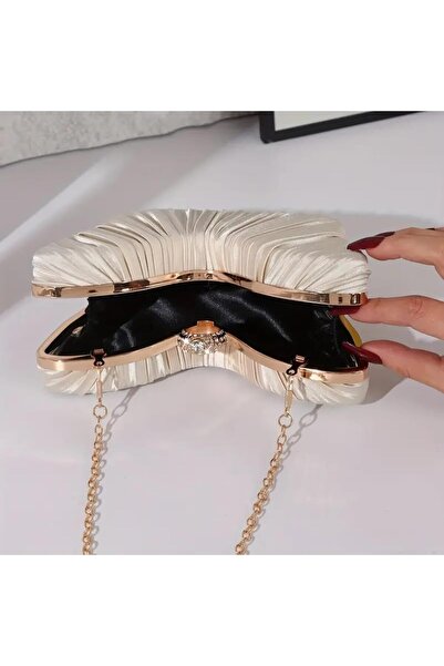 Just Pretty Corner Elegant Champagne Butterfly Clutch – Pleated Ruched Design with Rhinestone Detail