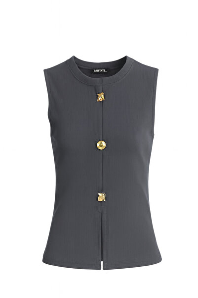 HAKKE Λεπτομερής υφαντή ΜΠΛΟΥΖΑ με λαιμόκοψη με κουμπιά