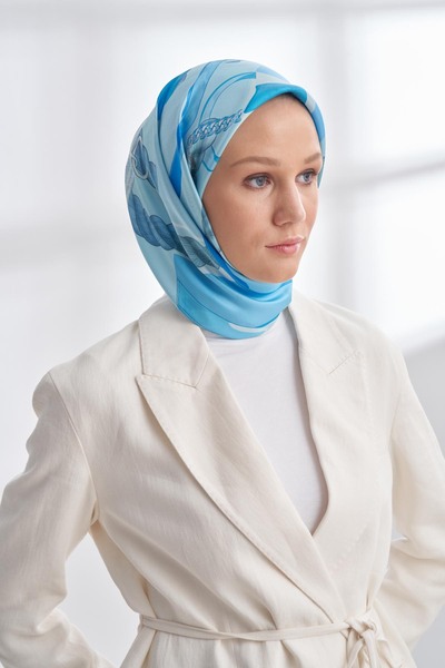 ARMANDA PREMIUM COLLECTION FIOR DESEN TWILL İPEK EŞARP - TURKUAZ