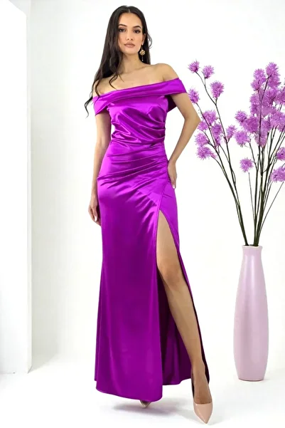 FashionForYou Long, wrap-around, occasion dress, DHALIA with wide slit, PURPLE, Size S/M