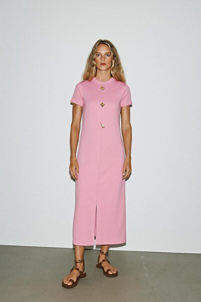 HAKKE Ottoman Fabric Short Sleeve Midi Dress with Slit Detail