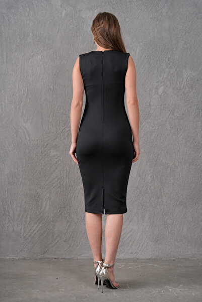 vuvutasarım Women's Black Flexible Scuba Fabric Piping and Slit Design Pencil Cut Midi Evening Dress 2387