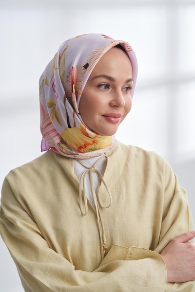 ARMANDA Premium Collection Magnolia Pattern Twill Silk Scarf - Powder Pink