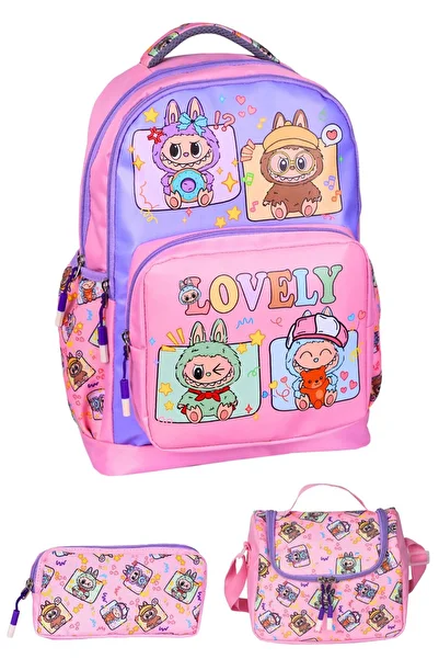 GALB LEATHER 3-Piece Elementary School School Bag for Girls and Boys with Lunchbox and Pen Holder, Labubu Pink