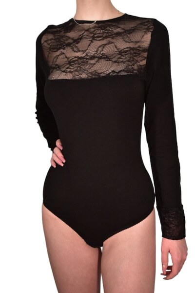 LUAN Long sleeve bodysuit, Cotton and lace, Thong panties, Black