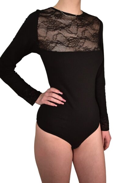 LUAN Long sleeve bodysuit, Cotton and lace, Thong panties, Black