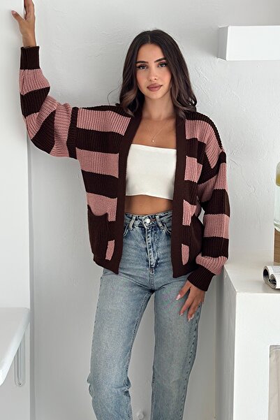 FEMELLE Dusty Rose Colored Striped Knitwear Cardigan - Knitted Standard Size Loose Knitwear Cardigan with Pockets