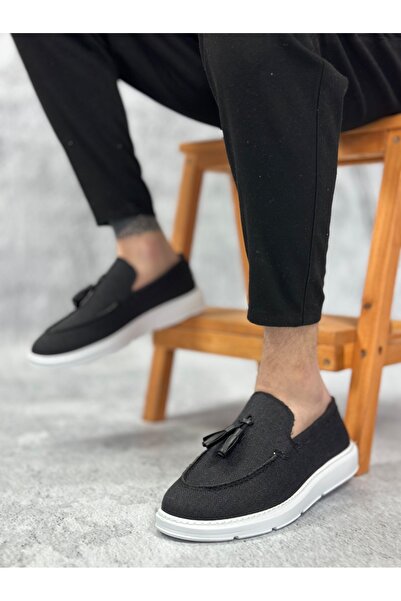 BOA BA0005 Чоловічі туфлі без шнурівки на високій підошві класичні лляні чорні з китицями