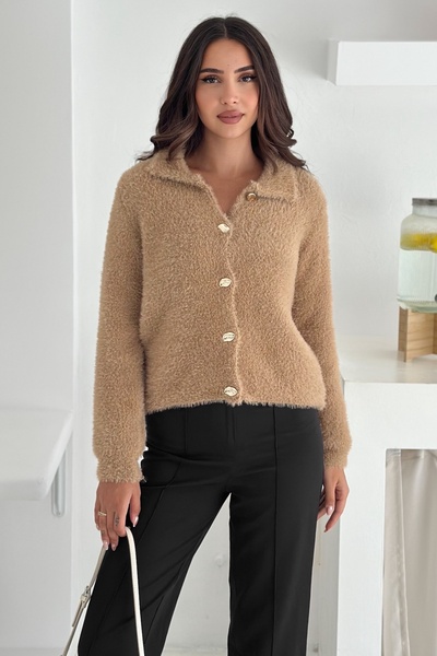 FEMELLE Camel Bearded Knitwear Cardigan Soft Textured - Gold Button Detail Standard Size