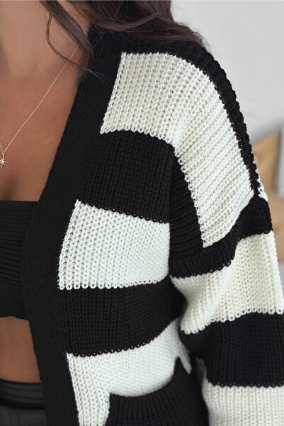 FEMELLE Black and White Colored Striped Knitwear Cardigan - Knitted Standard Size Loose Knitwear Cardigan with Pockets