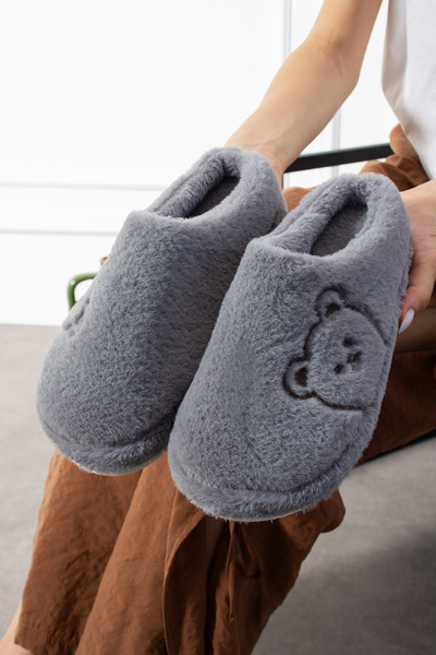 ZARICH شبشب نسائي من القطيفة الناعمة المطرزة من Lucy Teddy Bear مع فرو داخلي،...