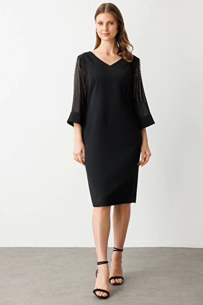 Ekol Tulle Beaded Midi Dress with Sleeves Black