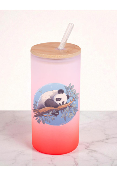 lili hediyelik 600 ml Glass Flask with Panda Print on the Tree - Water Flask, Drinking Flask, Glass Flask with Glass Straw