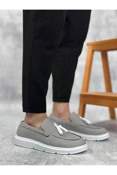 BOA BA0005 Чоловічі туфлі без шнурівки, з високою підошвою, класичні, з бавовняної тканини, з пухнастими бахромою, кольору димчастого