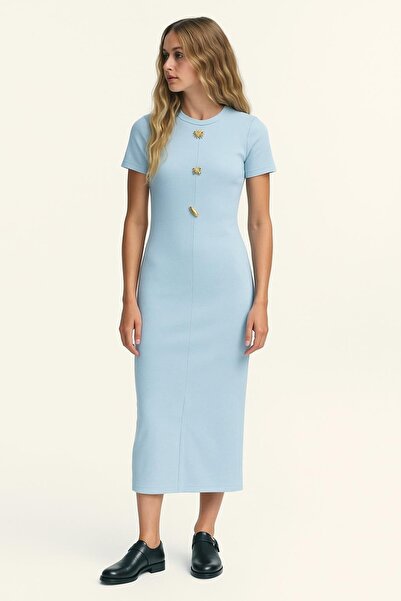 HAKKE Ottoman Fabric Short Sleeve Midi Dress with Slit Detail