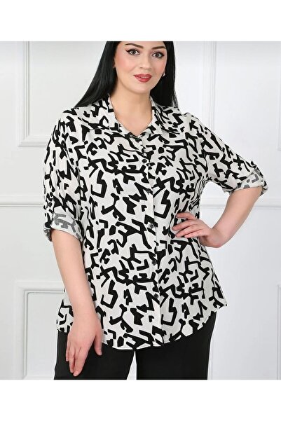 PARLAMBUTİK KADIN SİYAH DESENLİ BEYAZ GÖMLEK