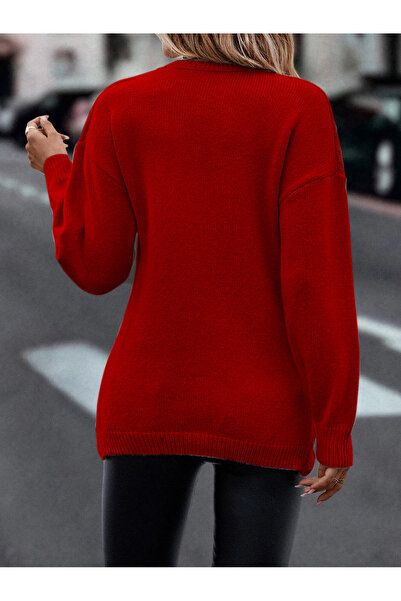 hanope Double-Breasted Collar Braided Patterned Hair Braided Knitwear Kaza Red