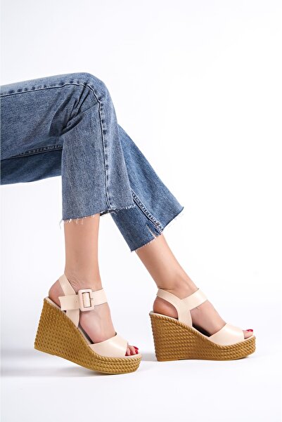 EBRUS TREND Jet-Perla Buckle Elastic Wedge Heeled Orthopedic Sole Straw Look Women's Sandals Ckt - Tan