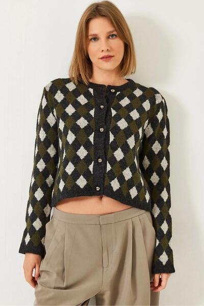 TENA Women's Dark Anthracite-Cream Five-Button Diamond Patterned Beard Knitwear Cardigan