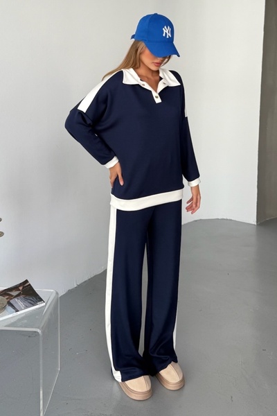 FEMELLE Navy Blue Modal Fabric Cotton Double Set - Top and Bottom Set with Buttoned Collar