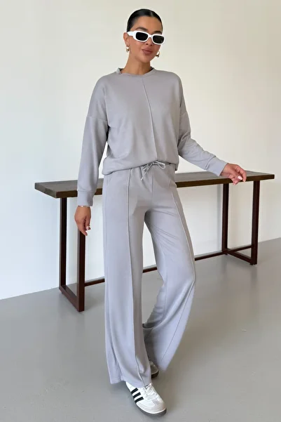MODAGEN Women's Gray Plain Crew Neck Top and Bottom Tracksuit Set