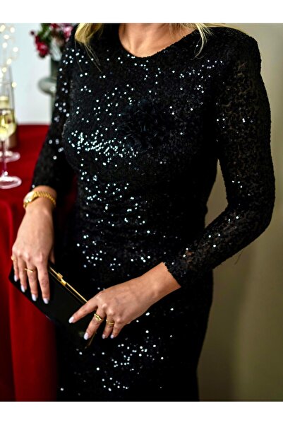 Sezgi Tekin Μαύρο μίντι φόρεμα με παγιέτες με λεπτομέρεια τριαντάφυλλου