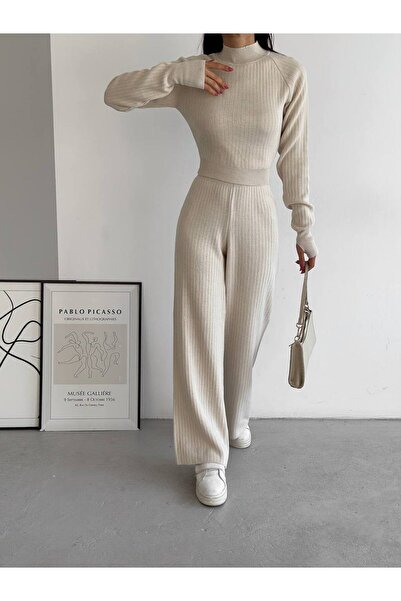 By Kuzey Aras Γυναικείο διπλό σετ πλεκτών με λεπτομέρεια με δαχτυλίδια - Άνετο παντελόνι με ψηλόμεσο Crop Top