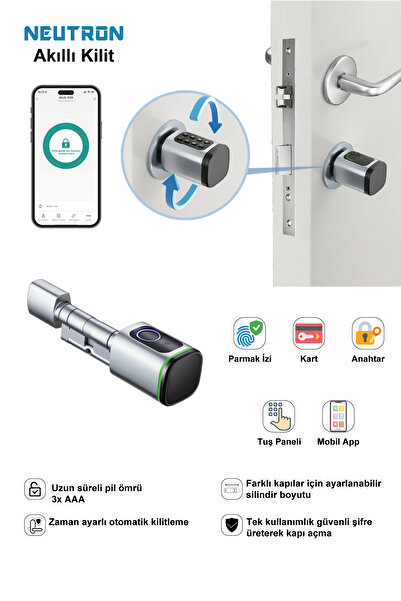 NEUTRON NTL-SC-02FKPW Parmak izi, Anahtarlı, Tuşlu, Kartlı ve Uzaktan Kontrollü Akıllı Kapı Kilidi Gri