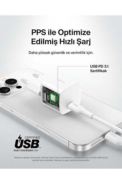 Belkin BoostCharge USB-C 25 W PD 3.0 PPS Hızlı Şarj Cihazı, Beyaz