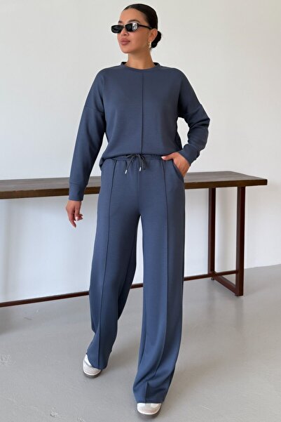MODAGEN Women's Smoked Plain Crew Neck Top and Bottom Tracksuit Set
