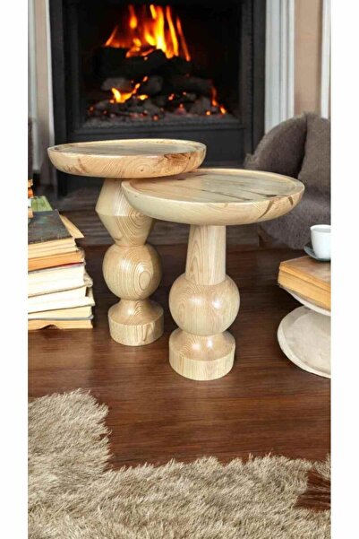 Simillo Home&Living Doğal Masif Ahşap Yan Sehpa Seti – 2’li Naturel Renk Zigo...