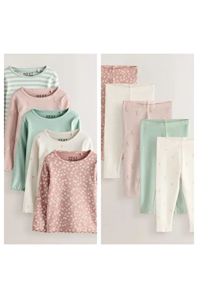 Next Baby Cotton Cream Brown Long Sleeve Thin Tights 5-Piece Top and Bottom Set